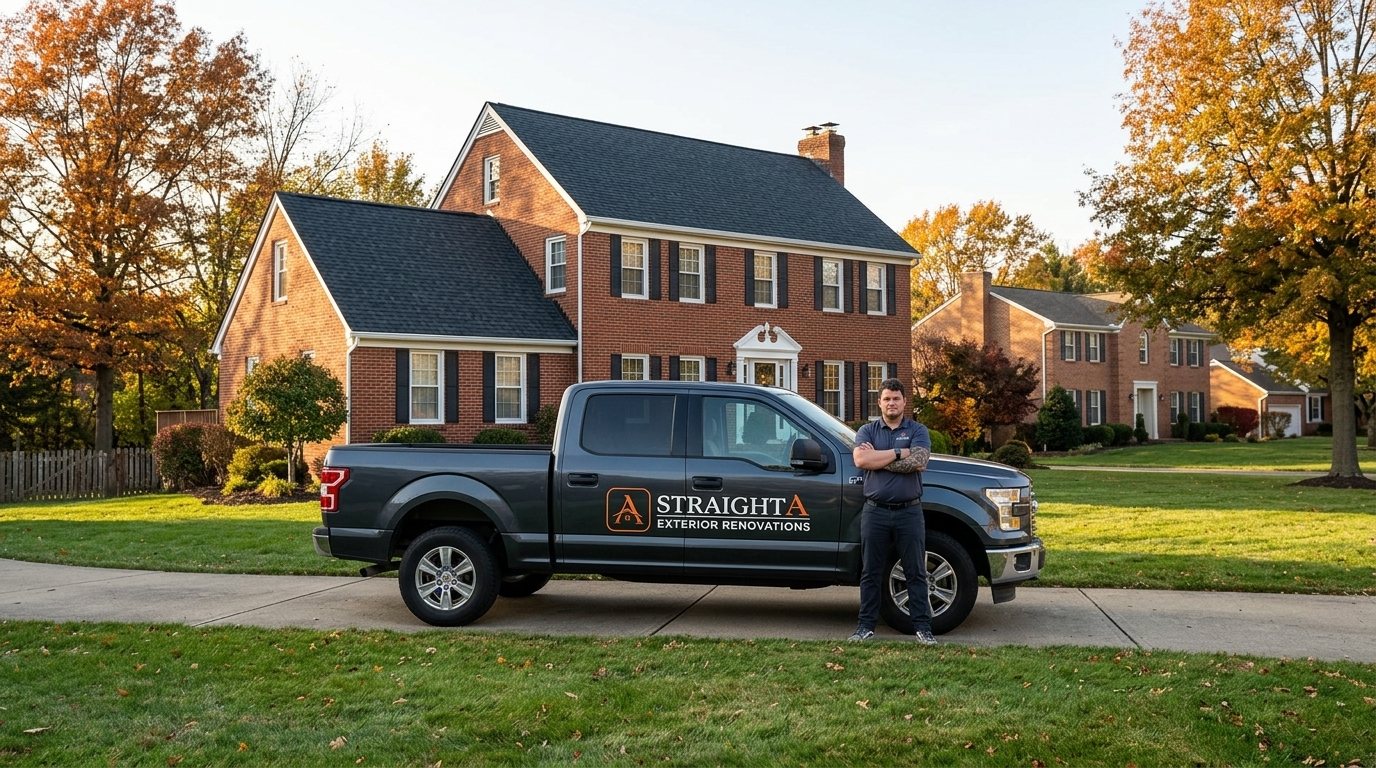 Matt Alexander beside a Straight A Exterior Renovations truck in front of a brick home with a new roof