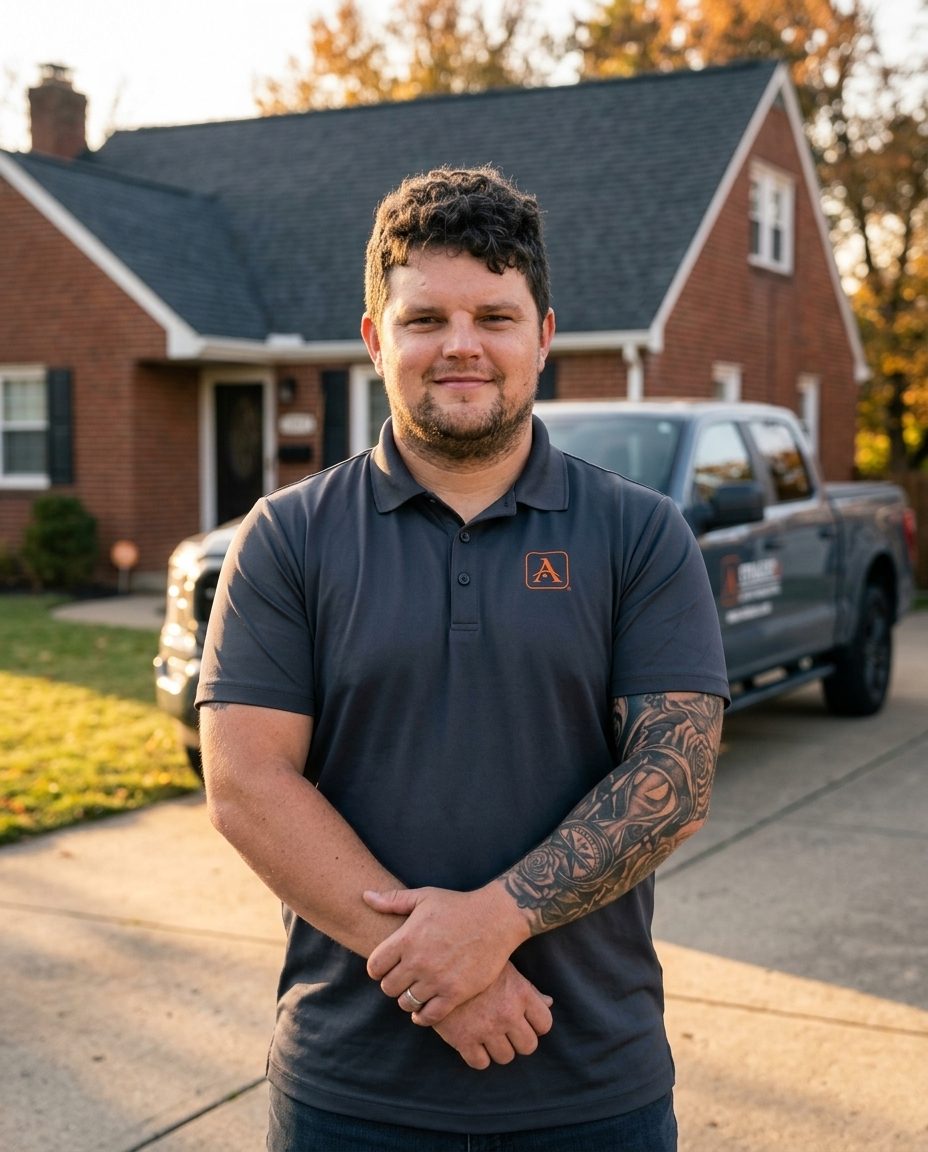 Matt Alexander, owner of Straight A Exterior Renovations, in front of a Pittsburgh-area home with the company truck behind him